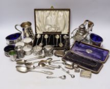 A collection of small silver to include a christening cup, a pair of late Victorian navette shaped