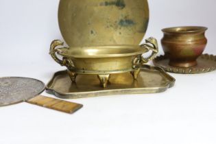 A Chinese archaistic bronze censer, Qing dynasty, a mirror and various Asian bronzes etc, censer