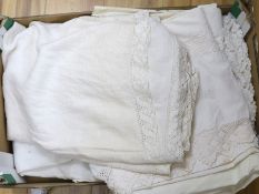 Five French provincial linen crochet edged sheets