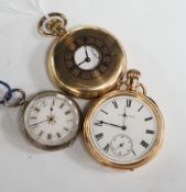 A continental engraved 935 white metal open face fob watch, together with an Elgin gold plated