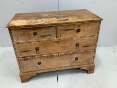 An early 19th century pine chest of four drawers, width 104cm, depth 52cm, height 82cm