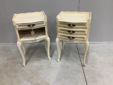 A pair of French style white painted bedside chests, width 39cm, depth 31cm, height 68cm