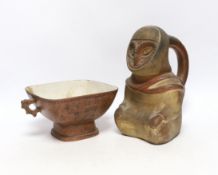 A 19th century Chinese Yixing bowl with character marks and a Peruvian vessel in the form of an owl,