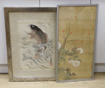 Late 19th / early 20th century Chinese watercolour on rice paper of a leaping carp and a Japanese