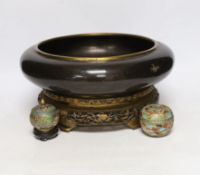A Chinese cloisonné enamel bowl on partially giltwood stand together with two miniature enamelled