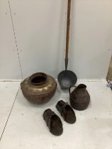 A Victorian ash handled dairy ladle, a coopered oak jug, a pair of Spanish iron mounted stirrups and