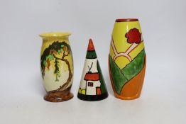 A Bernadette Eve “House” hand painted conical sugar sifter, a limited edition Heron Cross “Sunny