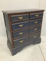 A George III style blue painted pine chest of drawers, width 92cm, depth 43cm, height 99cm