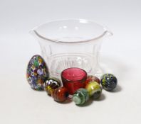 A Victorian glass rinser, glass eggs etc, largest 15cm wide