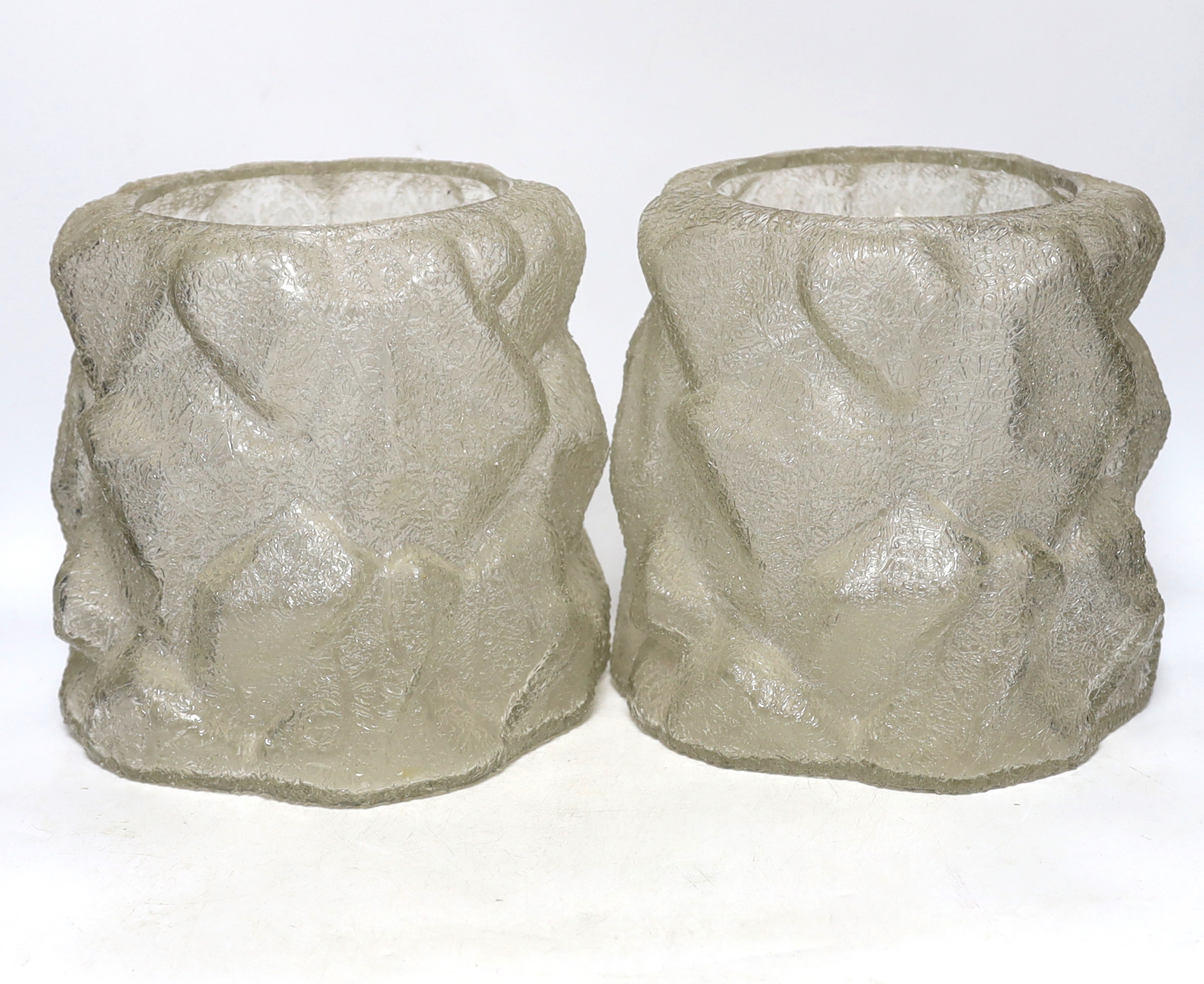 Two large modernist ‘ice’ glass vases, 23cm high