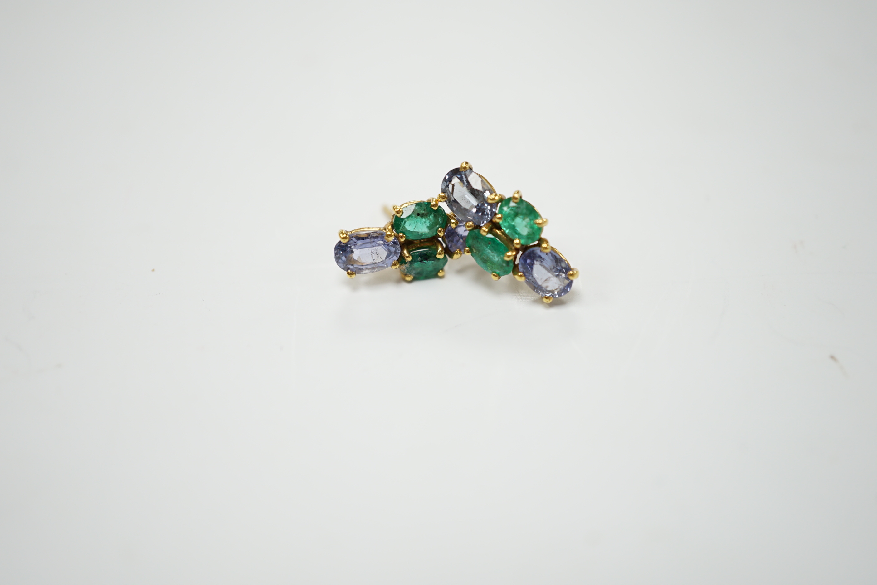 A modern pair of 18ct gold, two stone emerald and two stone sapphire set ear studs, 15mm by 7mm, - Image 2 of 4