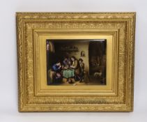 A Late 19th century porcelain plaque, painted with a tavern scene with figures, after Teniers,