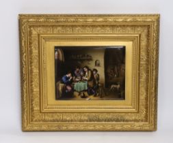 A Late 19th century porcelain plaque, painted with a tavern scene with figures, after Teniers,