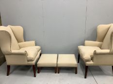 A pair of George III style upholstered wing armchairs, width 90cm, depth 70cm, height 112cm, with