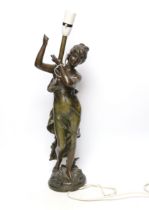 After Auguste Moreau (1834-1917) an Art Nouveau style spelter figural table lamp, applied plaque,