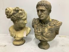 Two cast stone busts, larger height 57cm