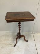 A 19th century Sorrento marquetry rectangular walnut tripod table on barley twist stem, width