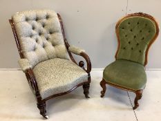 A Victorian mahogany open armchair, width 68cm, depth 88cm, height 94cm, together with a Victorian