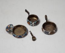 Three miniature late 19th/early 20th century Russian 88 zolotnik and cloisonné enamel single handled