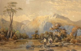 19th century English School, watercolour, Mountainous river landscape with figures, 36 x 51cm,