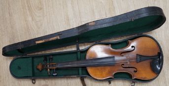 A cased early 20th century violin, length of body, 35.5cm, without bow