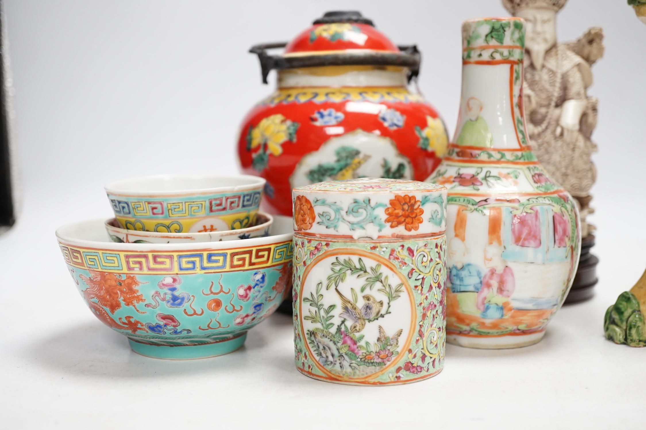A group of Chinese ceramics 18th century and later, including a bottle vase, a water pipe vessel, - Image 3 of 11