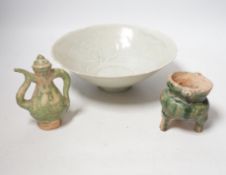 A Chinese incised Qingbai bowl, Song Dynasty and two green glazed Ming Dynasty pottery models of