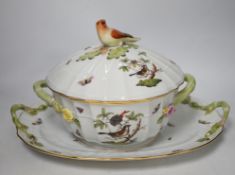 A Herend Rothschild birds pattern soup tureen cover and stand, two vegetable tureens and an oval