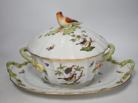 A Herend Rothschild birds pattern soup tureen cover and stand, two vegetable tureens and an oval