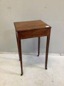 A George III rectangular mahogany hinged top occasional table, width 43cm, depth 38cm, height 72cm