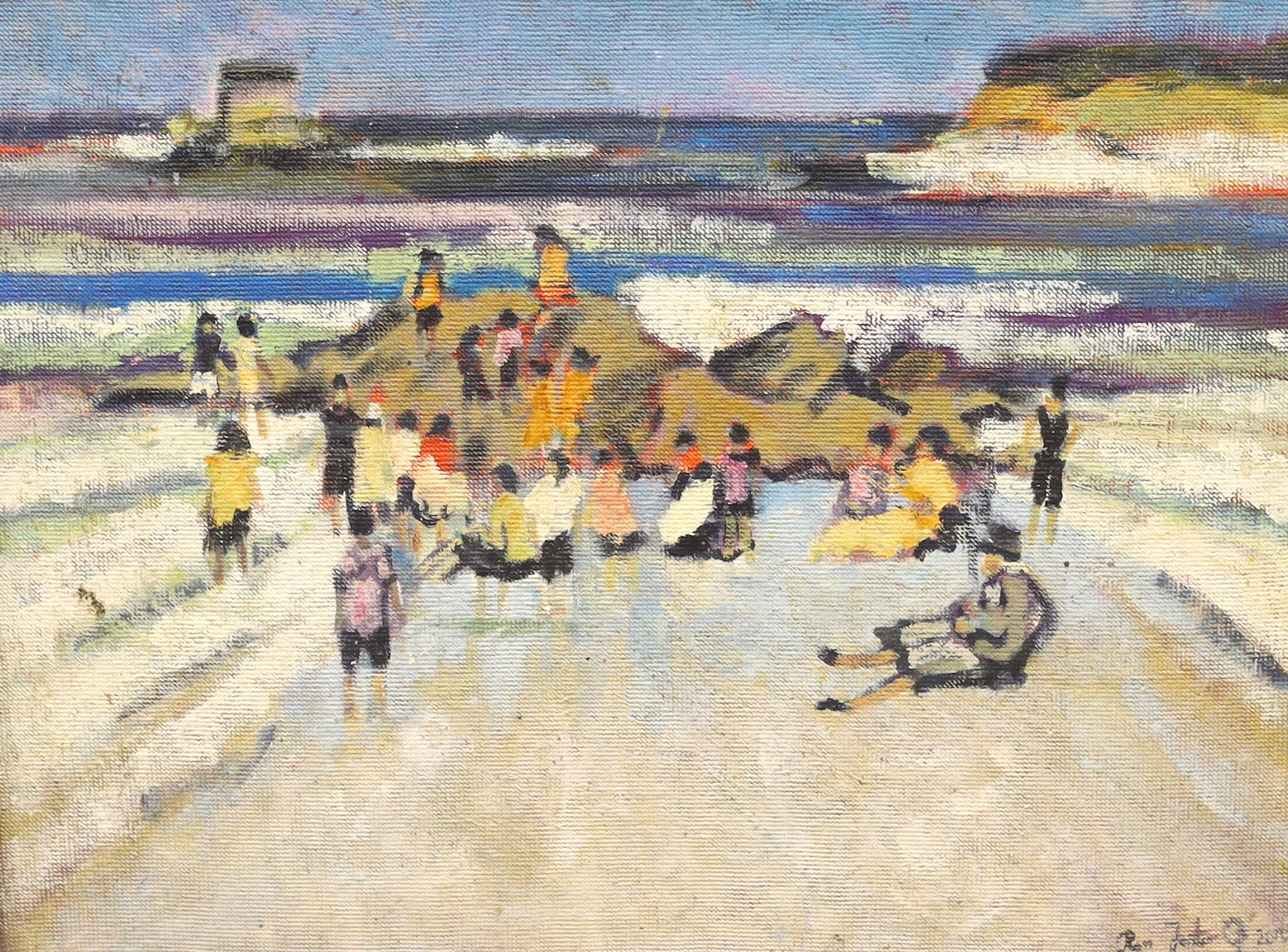 Ross Foster (Contemporary), Impressionist oil on canvas board, Beach scene with figures, signed