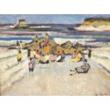 Ross Foster (Contemporary), Impressionist oil on canvas board, Beach scene with figures, signed