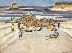 Ross Foster (Contemporary), Impressionist oil on canvas board, Beach scene with figures, signed