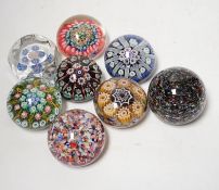 Eight millefiori or scrambled glass paperweights including Strathearn, largest 6cm in diameter