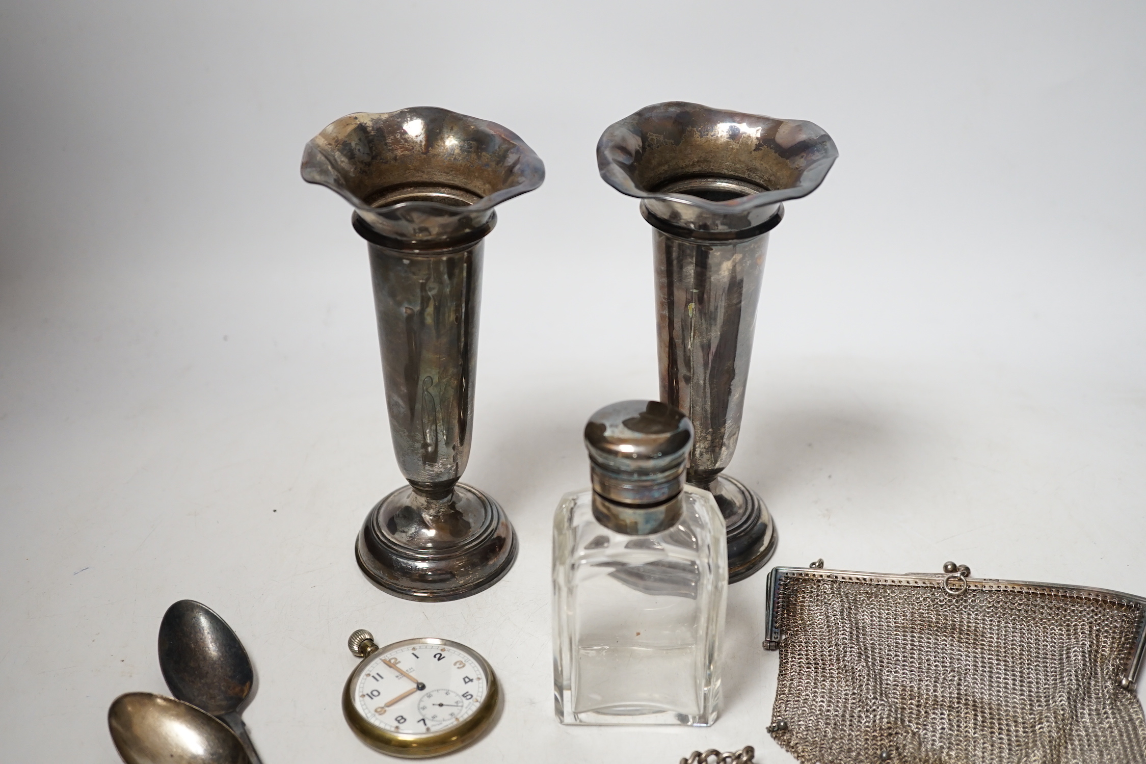 A matched pair of George V silver mounted posy vases, 16.3cm, together with a silver topped toilet - Image 3 of 4