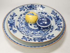 Three Chinese blue and white dishes or plates, Kangxi to Qianlong period and two later covers,
