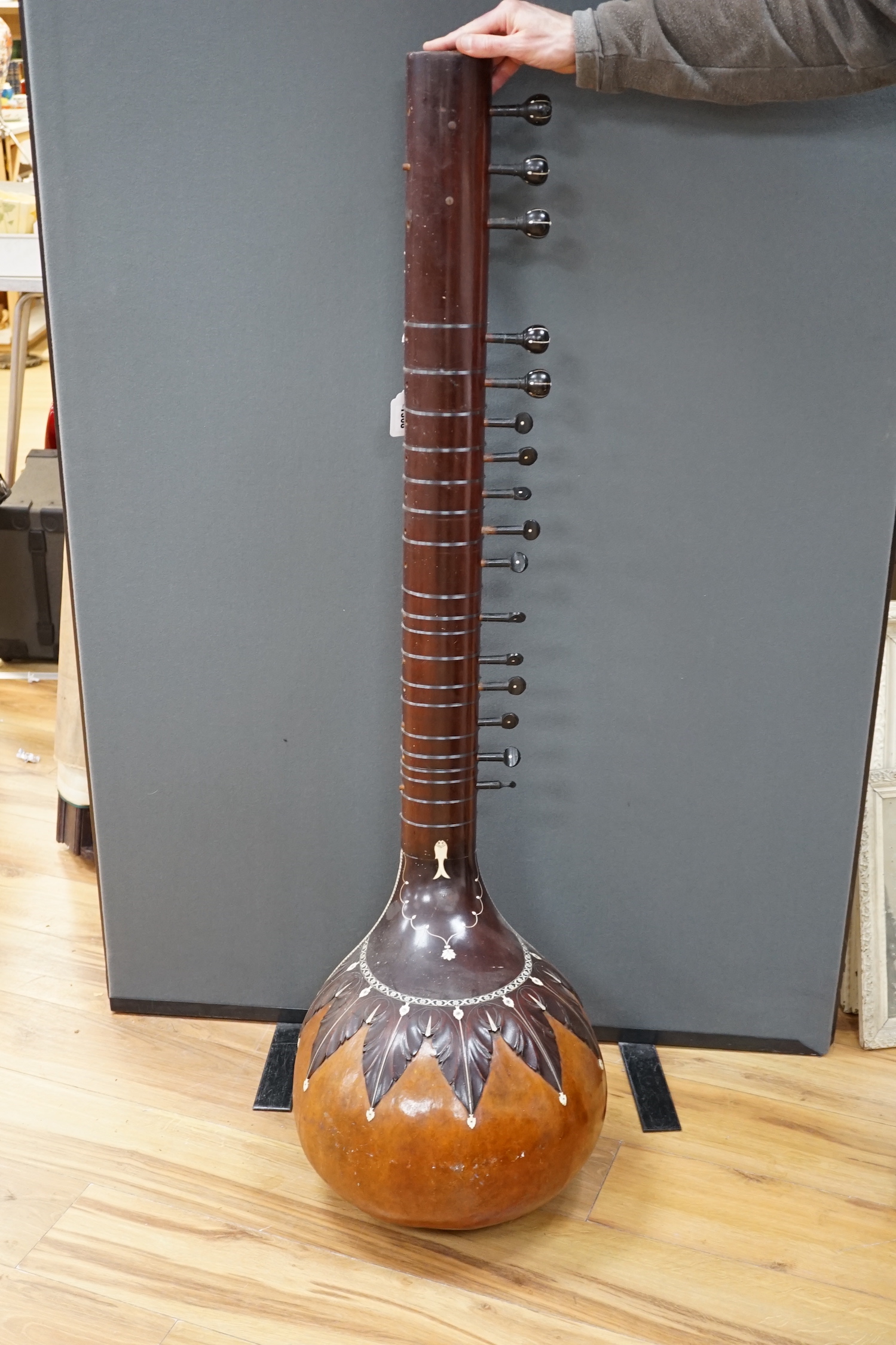 An Indian sitar, with ivory bridge and decoration, inlaid with ‘Harbhajan Grewal’ overall length - Image 5 of 7