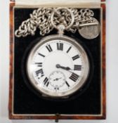 A Swiss 935 white metal open faces keyless pocket watch, with Roman dial and subsidiary second, on a
