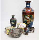 Four Japanese cloisonné enamel vases and a similar bowl and two Canton enamel bowls and similar