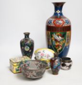 Four Japanese cloisonné enamel vases and a similar bowl and two Canton enamel bowls and similar
