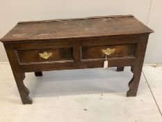 A small 18th century oak two drawer low dresser, width 116cm, depth 48cm, height 68cm