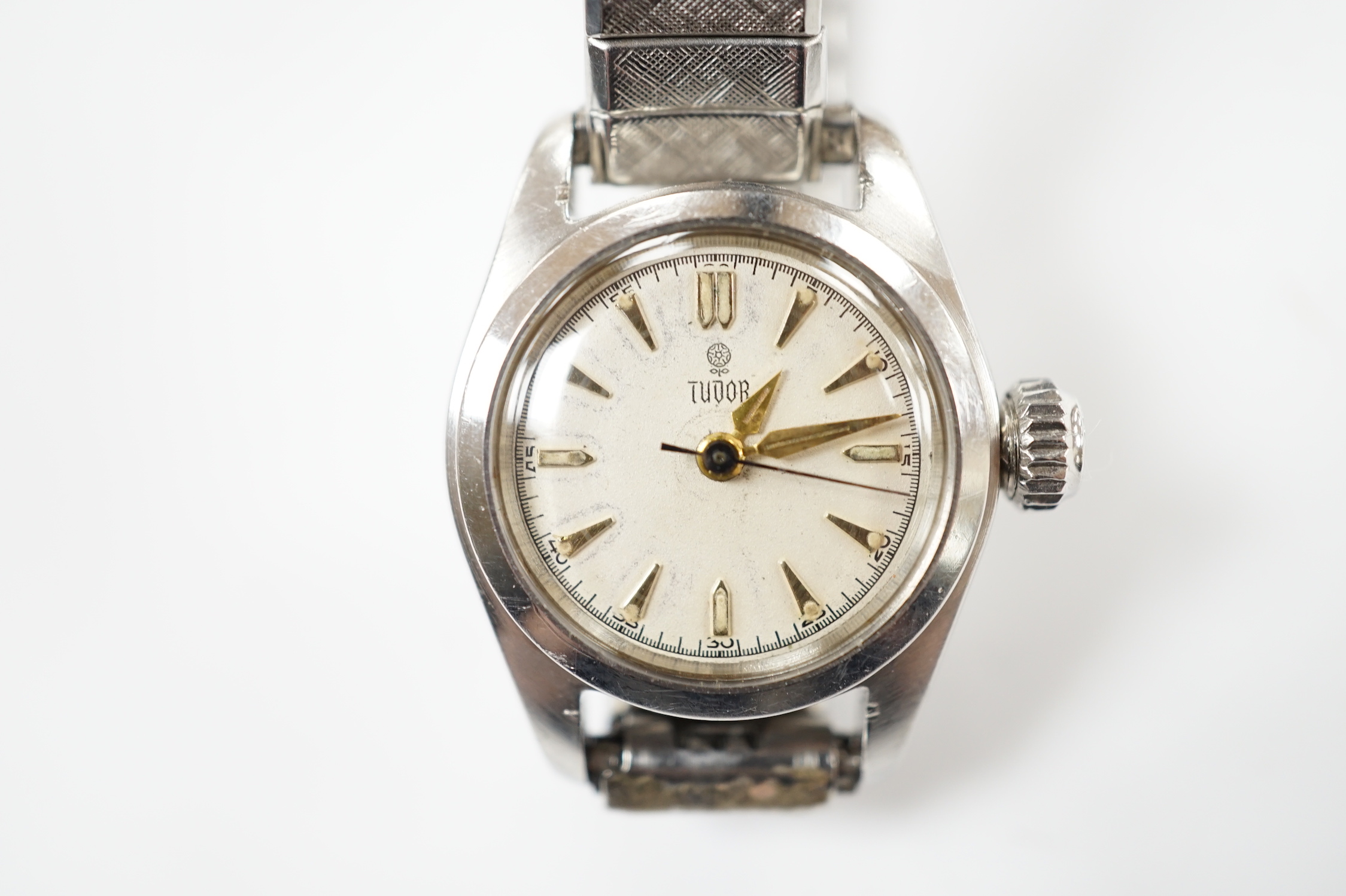 A lady's stainless steel Tudor manual wind wrist watch, with baton numerals, on an associated - Image 2 of 4