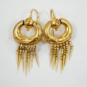 A pair of Victorian yellow metal circular openwork tassel drop earrings, 42mm, 5.8 grams.