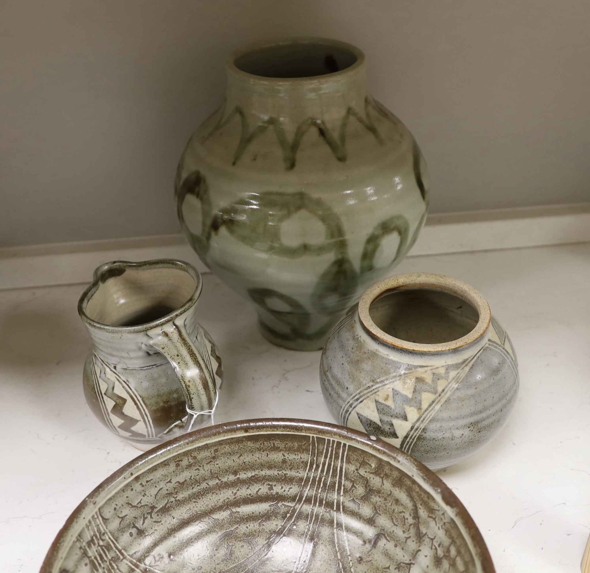 A 1961 Studio pottery vase and two bowls, a Studio pottery 'Gloucester' vase and a jug, largest 28cm - Image 3 of 3