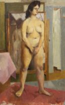 In the manner of Laura Knight (1877-1970), oil on board, Full length study of a nude woman, 75 x