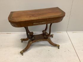 A Regency cut brass inlaid and gilt metal mounted rosewood card table, width 91cm, depth 46cm,