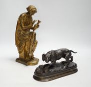 A gilt metal classical figure and a bronze of a dog, 26cm high
