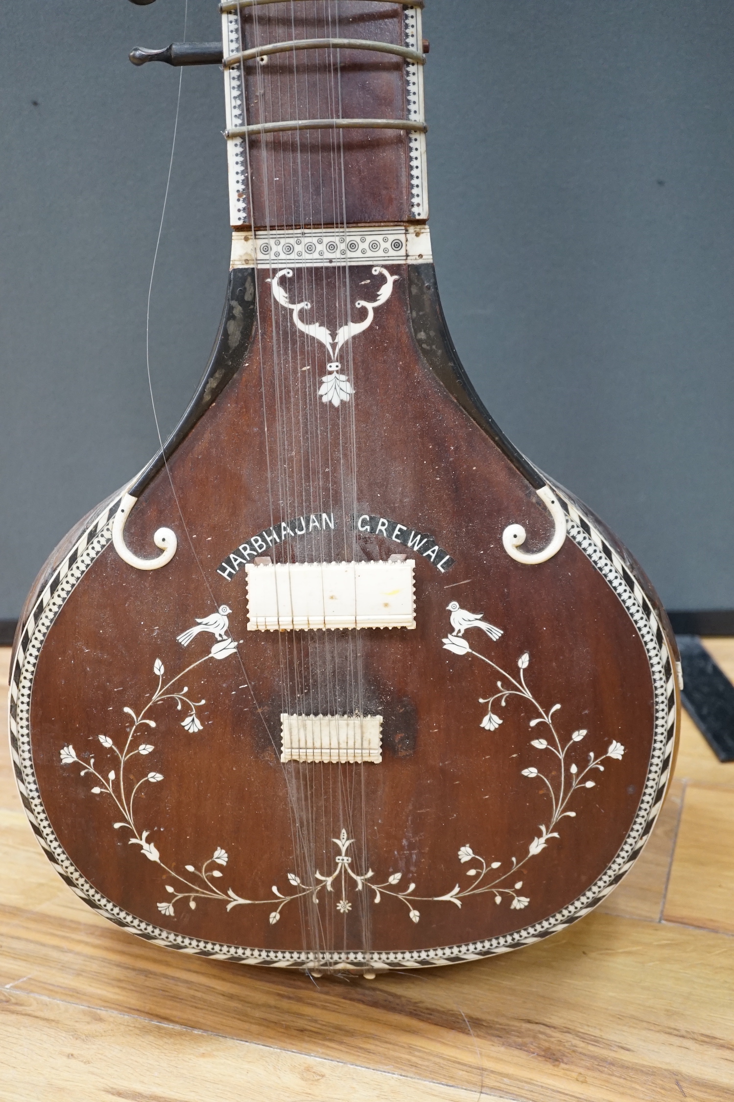 An Indian sitar, with ivory bridge and decoration, inlaid with ‘Harbhajan Grewal’ overall length - Image 2 of 7