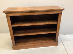 A Victorian faded rosewood open fronted bookcase, width 117cm, depth 44cm, height 97cm