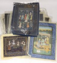 A collection of Indian gouache paintings on silk depicting attendants and figures, unframed